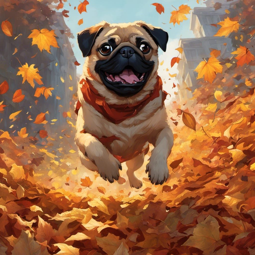 Pug's Autumn Joy: A Hyperdetailed Digital Painting