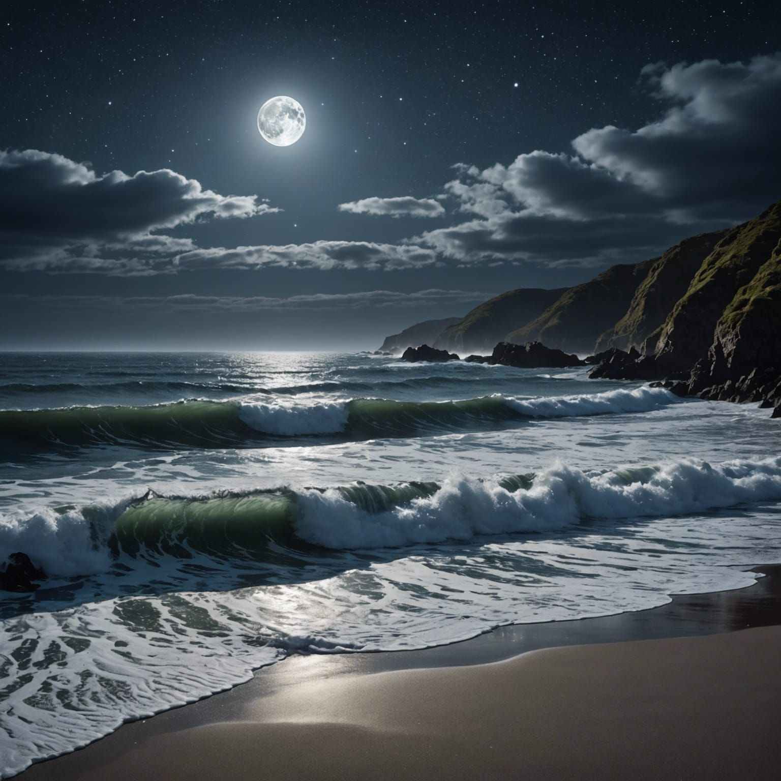 Moonlit Waves on Shore: Detailed Matte Painting