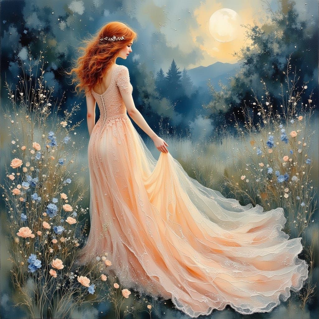 Woman in Peach Gown in Art Nouveau Style