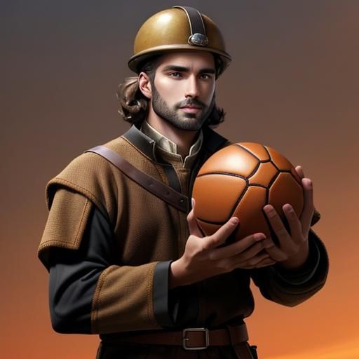 Medieval Man Holding Ball and Helmet