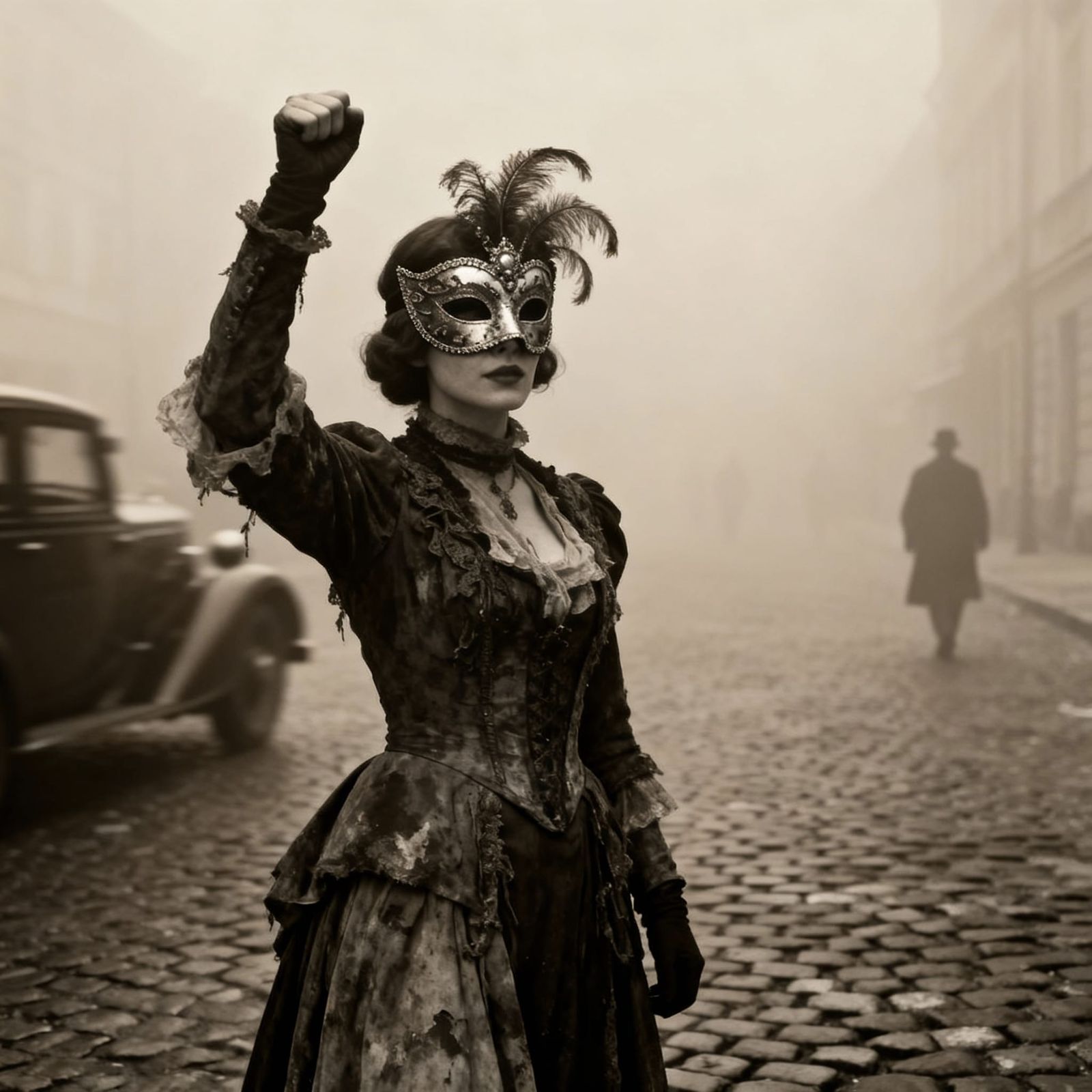 Venetian Masked Woman in Foggy 1920s Street