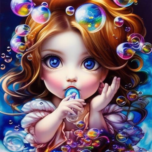 Chibi Angel Blowing Bubbles: Splash Art Portrait