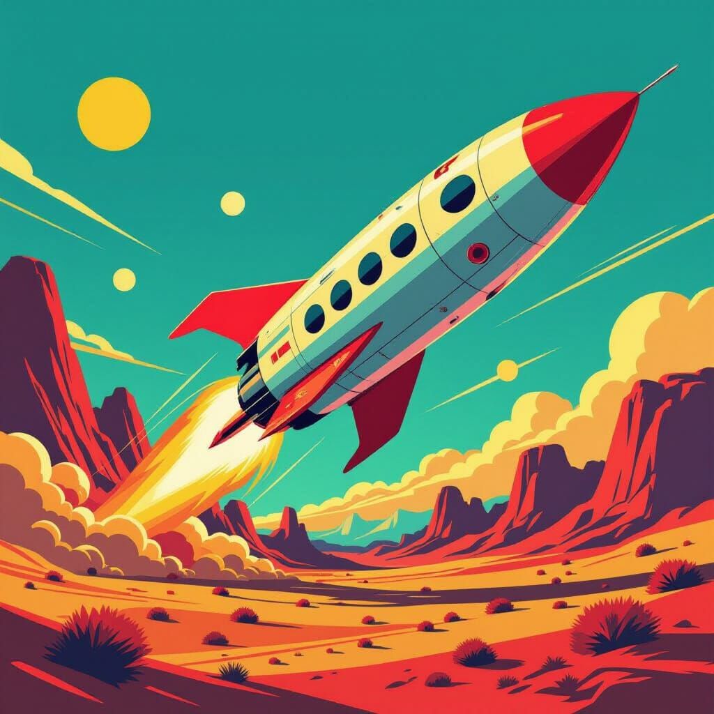 Retro-Futuristic Rocket Launch in Pop Art Style