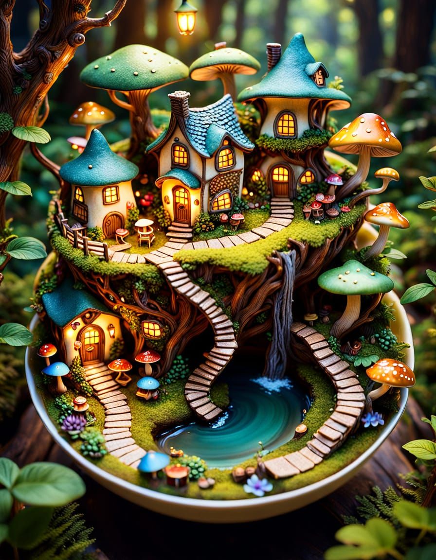 Pixie Village in Teacup: Whimsical Fantasy Art