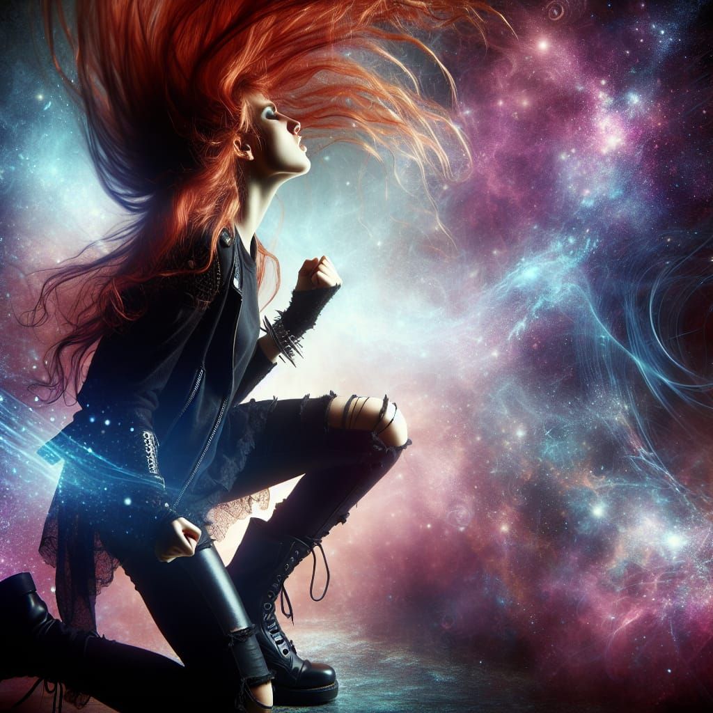 Energetic Woman Headbanging with Mystical Glow