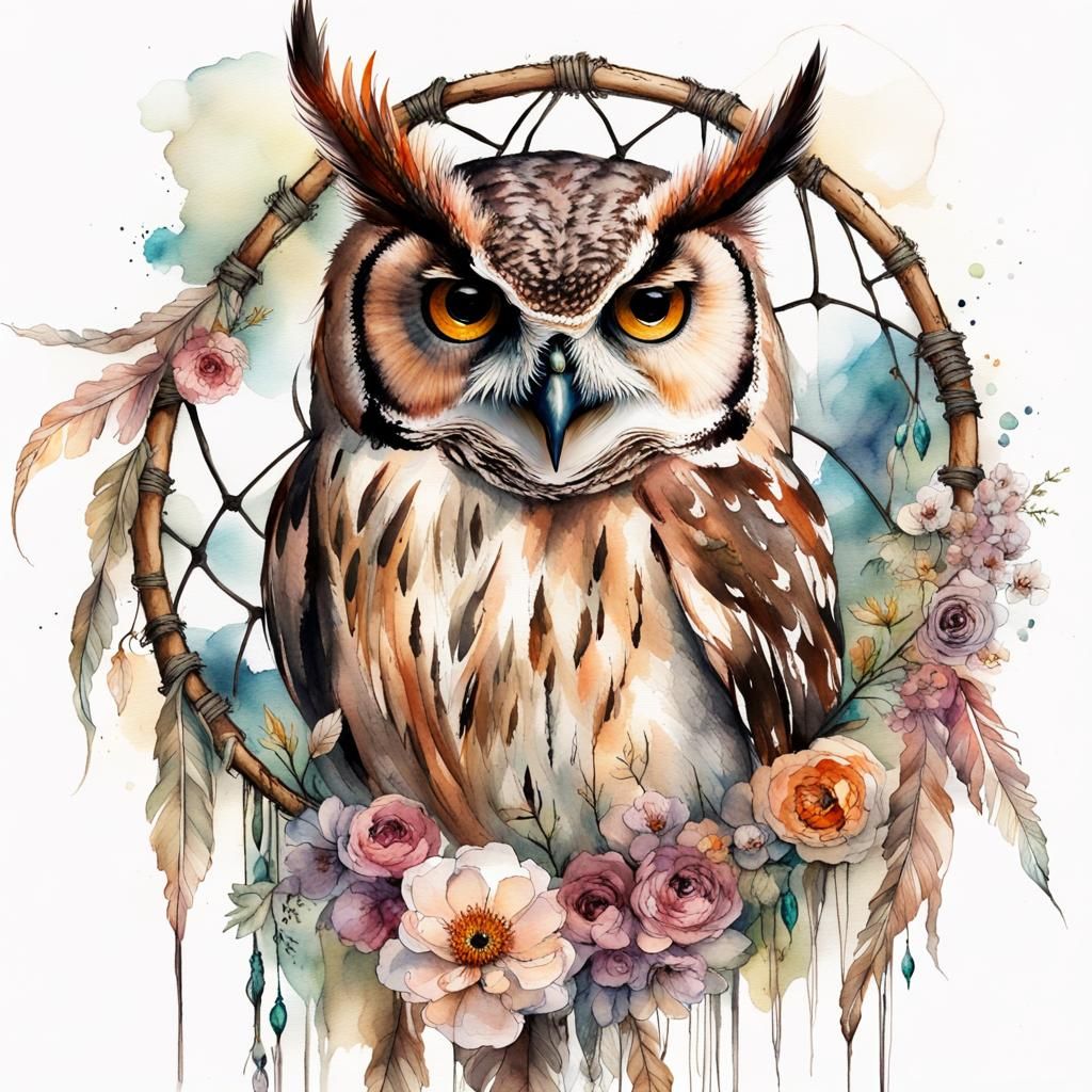 Watercolor Owl Dreamcatcher in Fairytale Forest