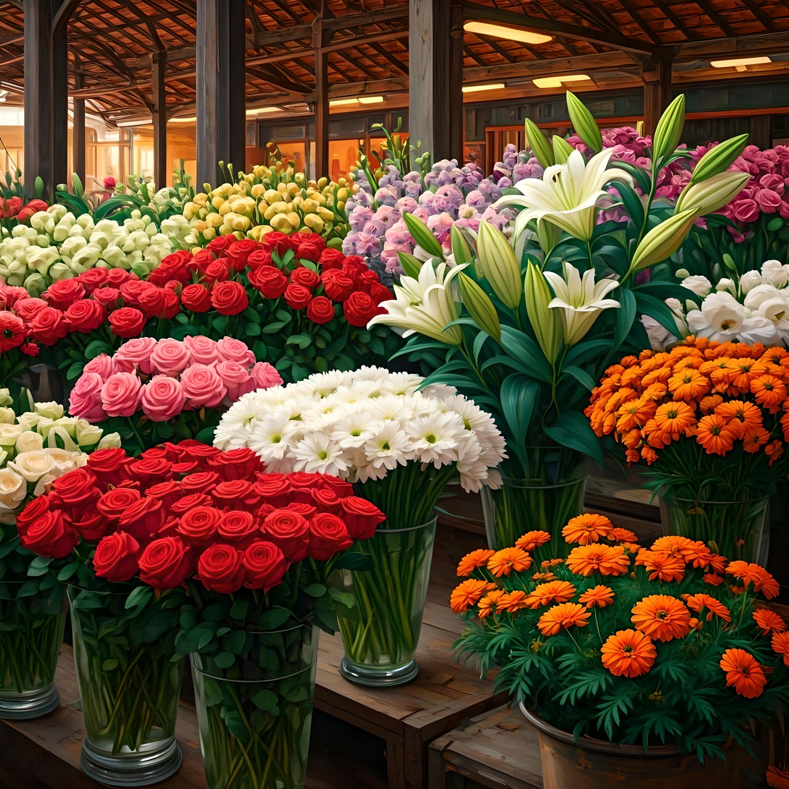 Colorful Flower Market with Roses and Lilies