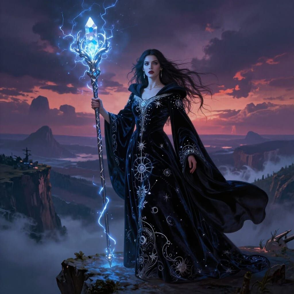 Sorceress on Precipice Overlooking Mystical Landscape