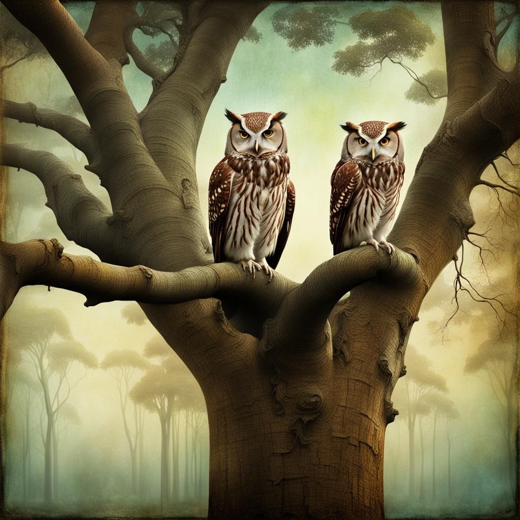 Owls Converse on Banyan Tree in Surreal Style