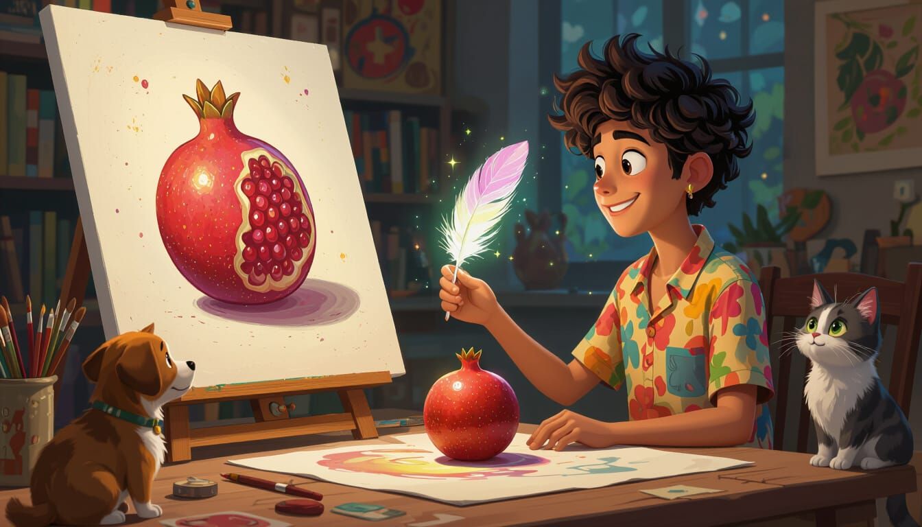 Magical Artist Creates Pomegranate in Cartoon Style
