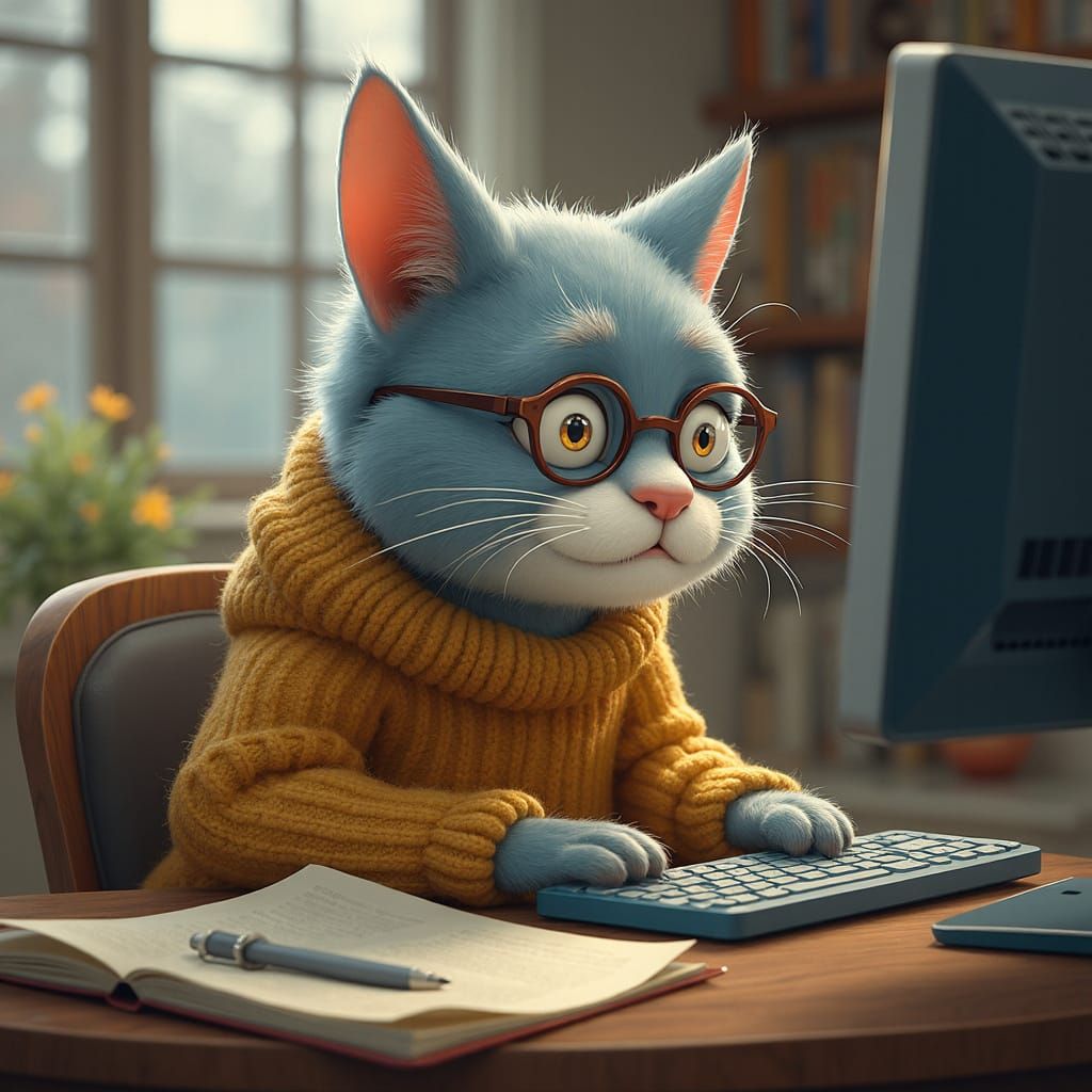 Elderly Cat's Computer Confusion: Whimsical Digital Art