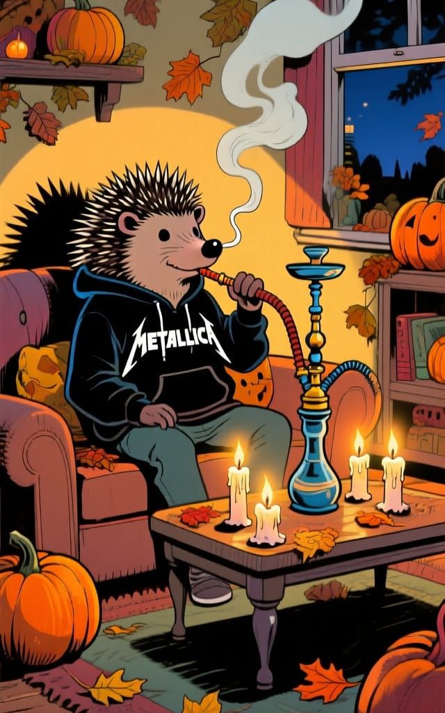 Metallica Hoodie Hedgehog Smoking Shisha on Sofa