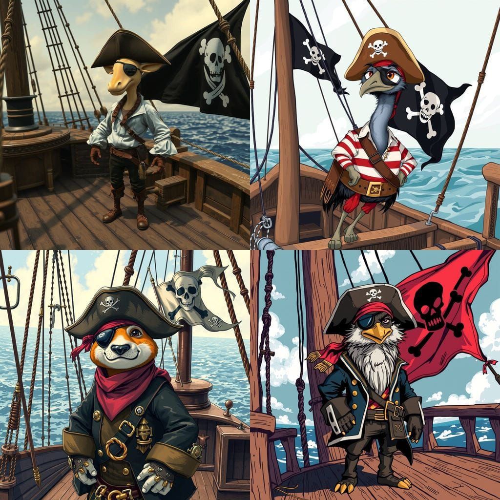 Pirate Emu on a Crossbones Flag Ship