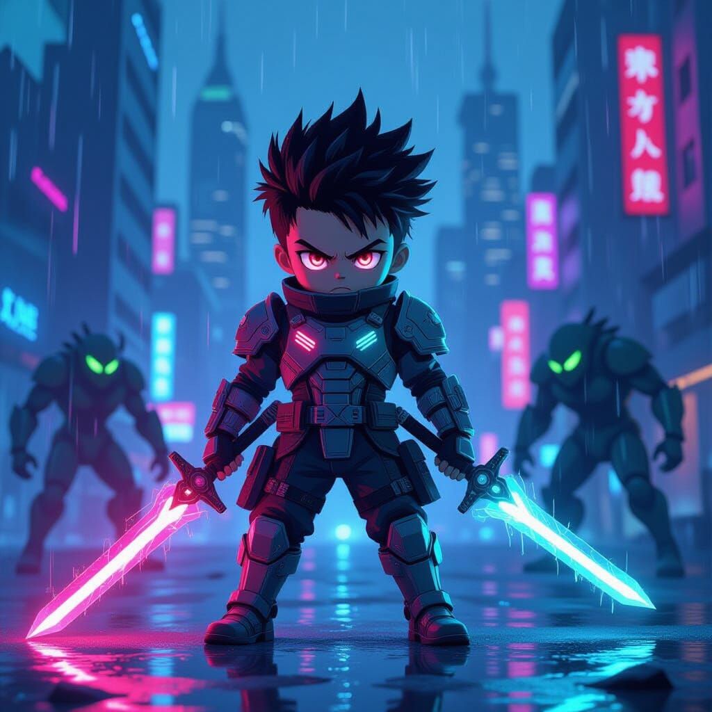Anime Boy Defiant Against Monsters in Cyberpunk City