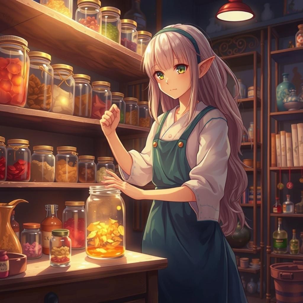 Anime Elf in Apothecary, Ethereal Watercolor Style
