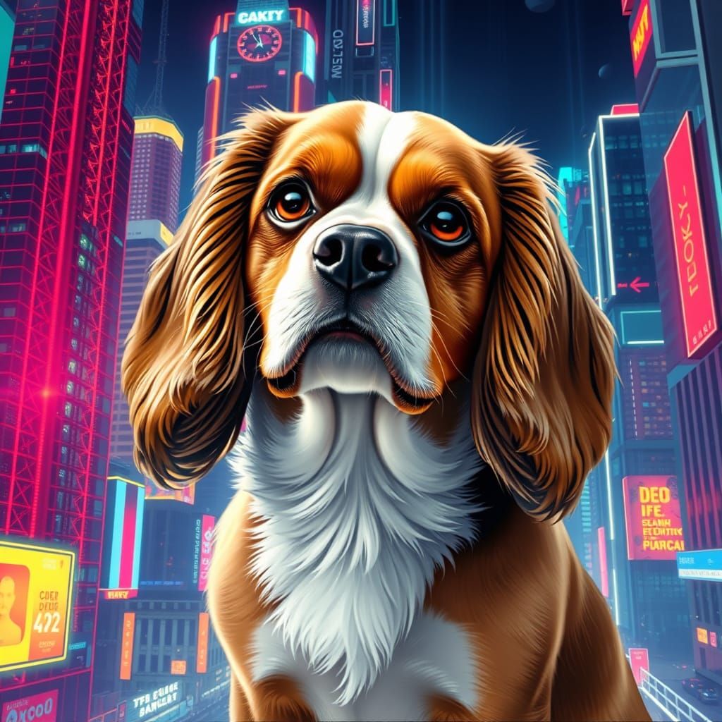Cavalier King Charles Spaniel in Futuristic Cityscape