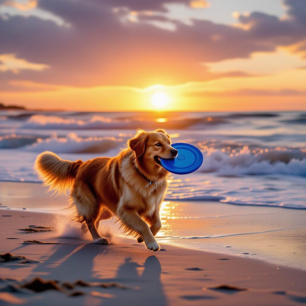 Golden Retriever Chases Frisbee on Beach at Sunset