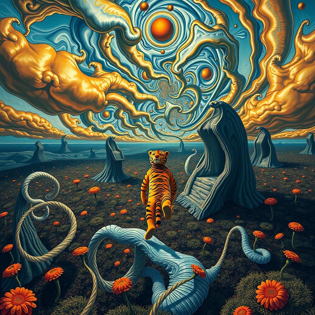 Surreal Landscape with Distorted Tigger in Metallic Sky