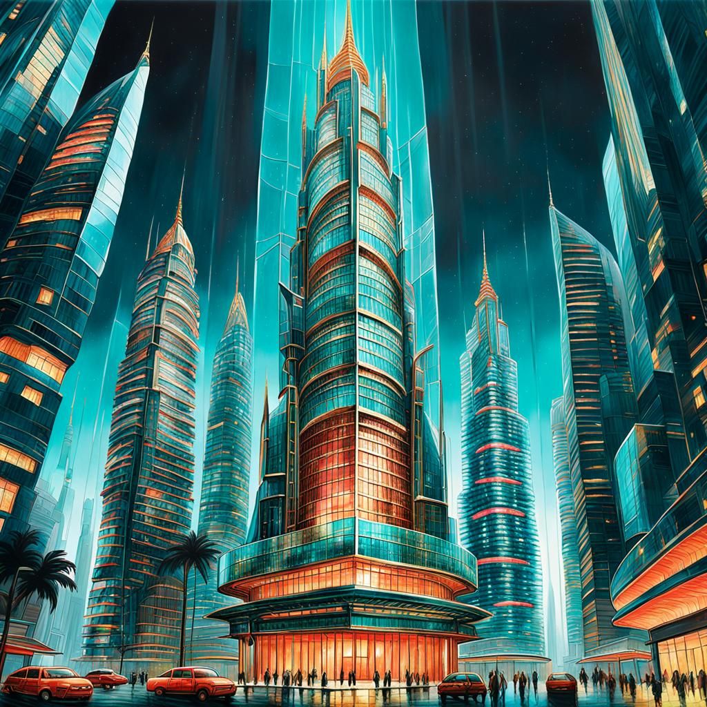 Futuristic Skyscraper in Turquoise, Coral, and Gold