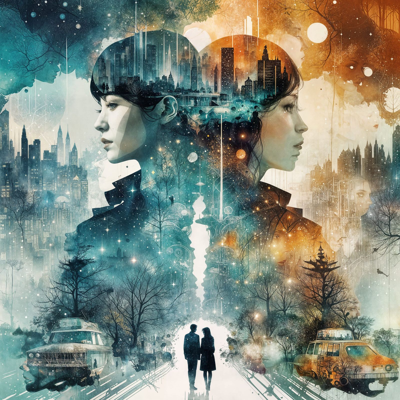 Galaxy Merges with Cityscape: Double Exposure Art