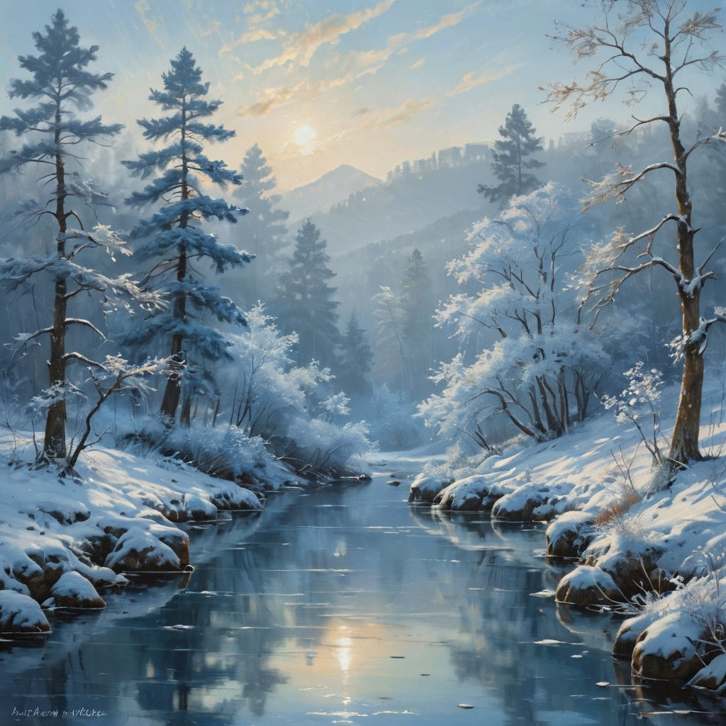 Frozen Winter Scene in Blues and Whites