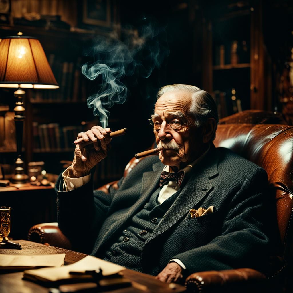 Cinematic Portrait of Elderly Man Smoking Cigar