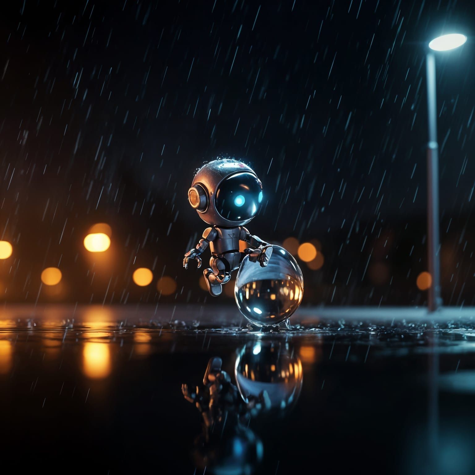 Futuristic Robot Rides Raindrops: Cinematic Film Still