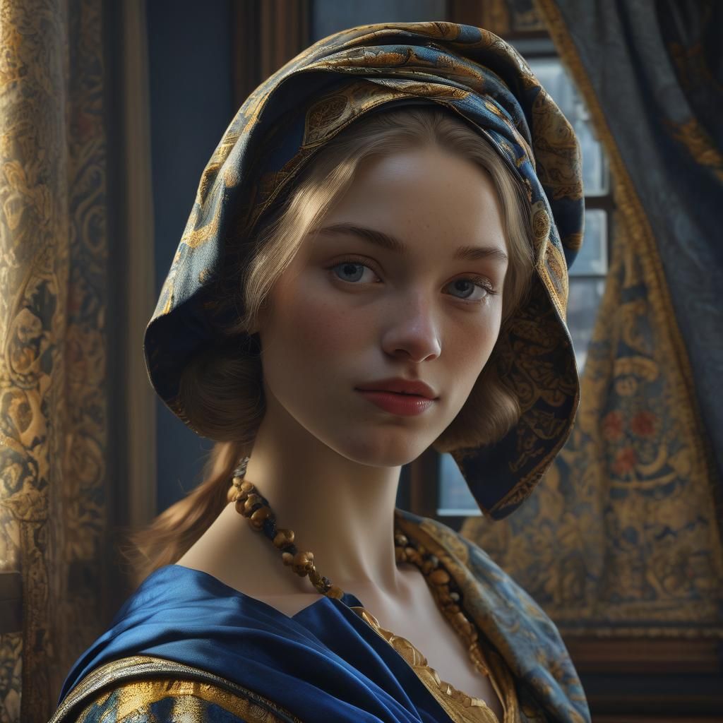 Vermeer-Inspired Portrait of Woman with Velvet Dress