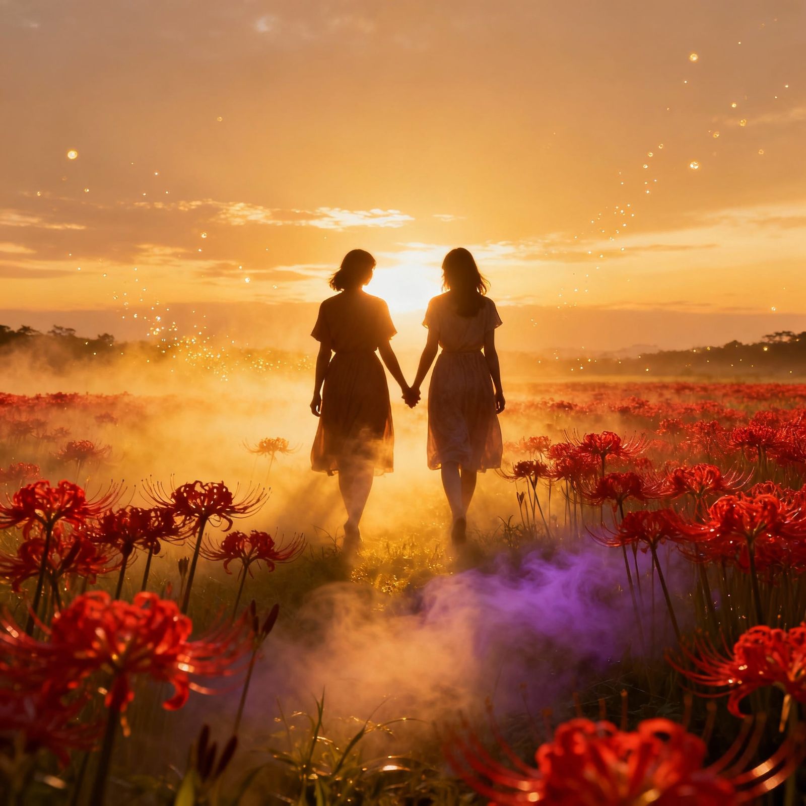 Red Higanbana Field at Golden Sunset with Ethereal Mist