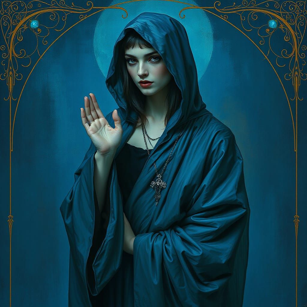 Blue Vampire Farewell in Symbolist Art Nouveau Style