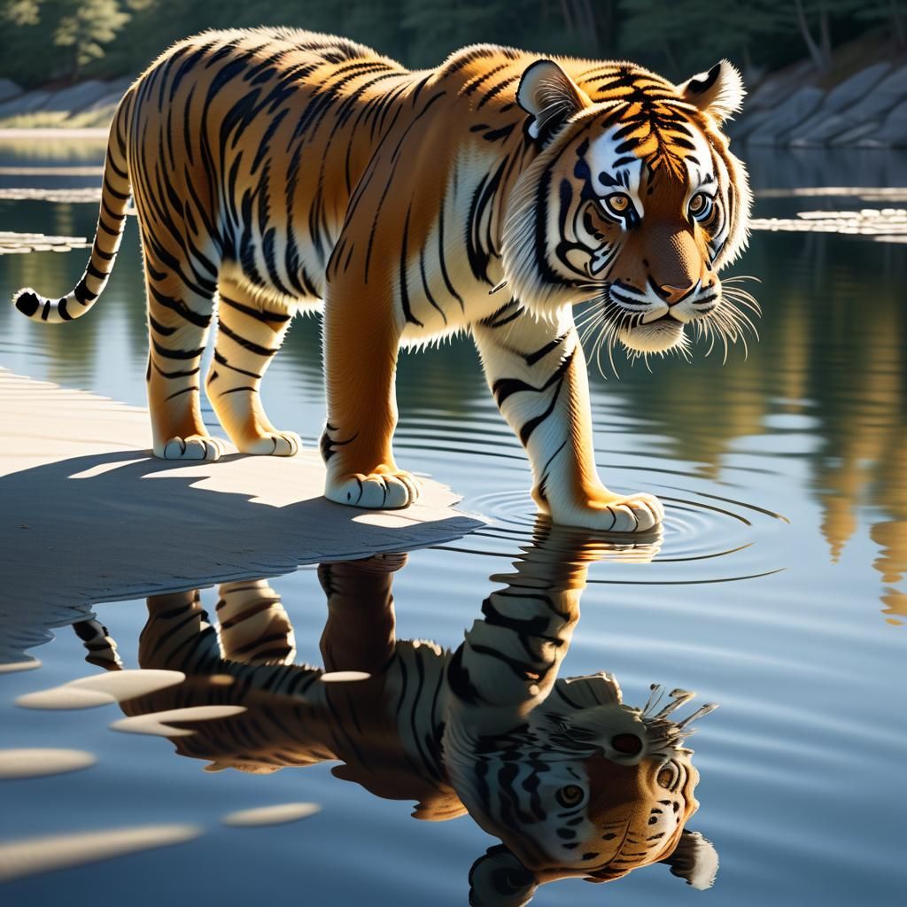 confidently walking  across the shimmering surface of a calm...