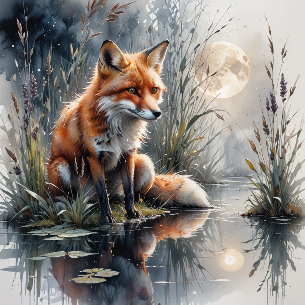 Crimson Fox Pauses by Moonlit Pond, in Watercolour Style