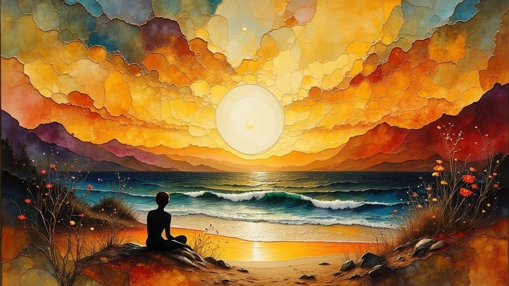 Sunset Over Water with Moon and Stars