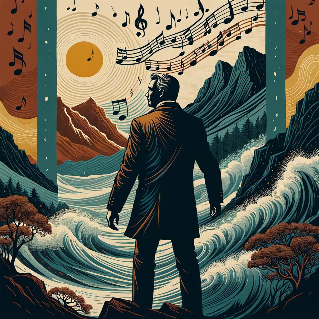 Romantic Composer in Stormy Seas: Linocut Woodcut Style