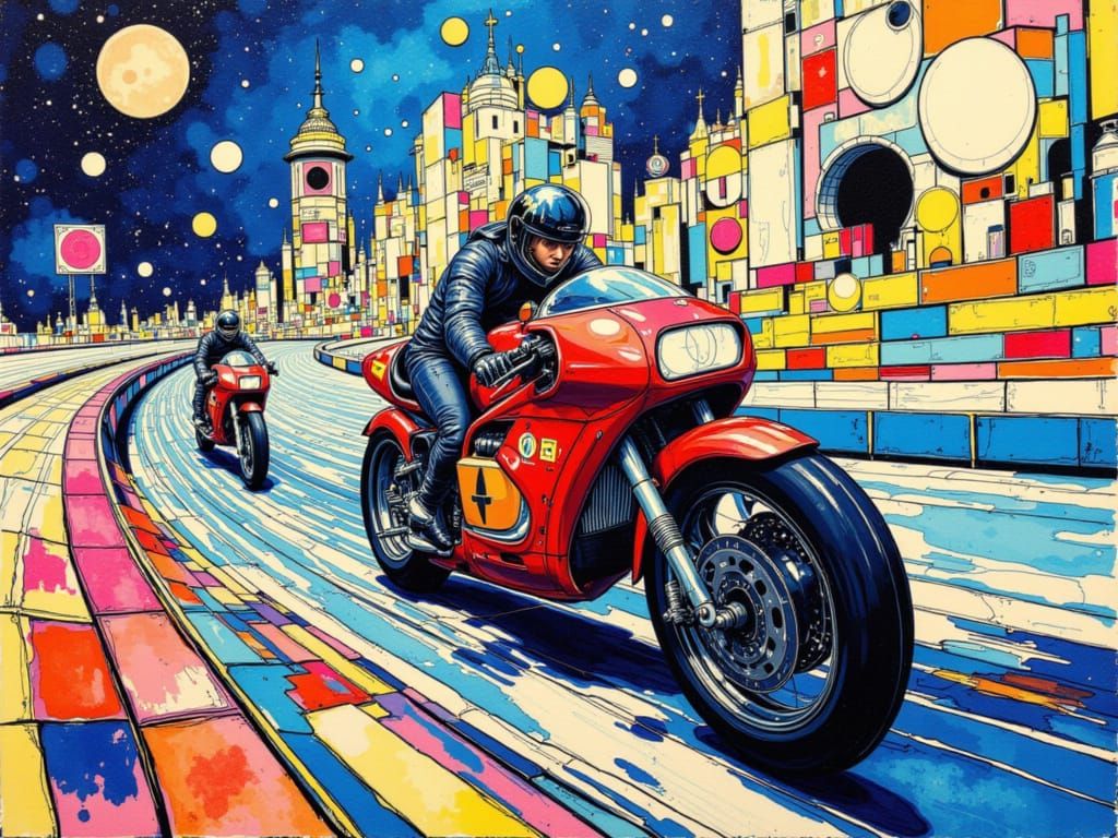Psychedelic Motorcycle Race in Alcohol Ink Style
