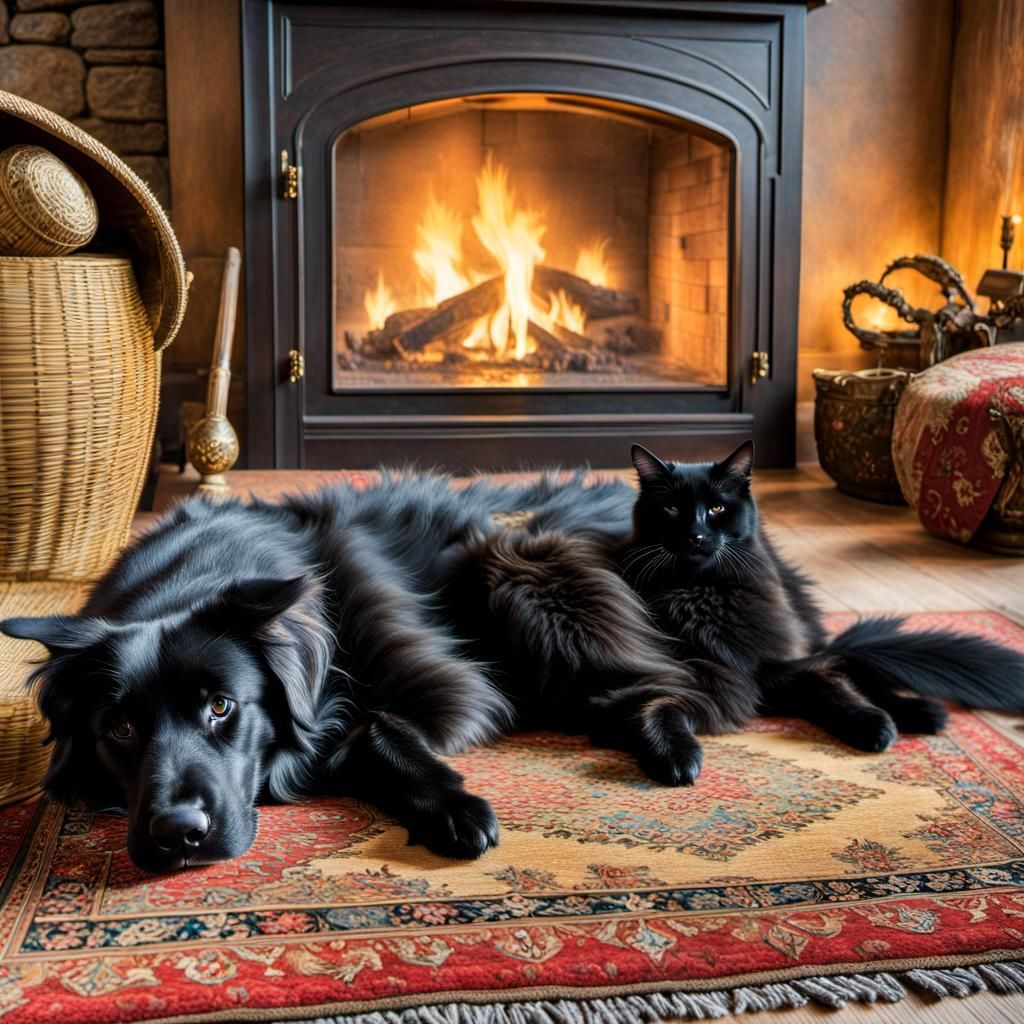 Cat Watching Retriever by Fireplace in Fantasy Artscape