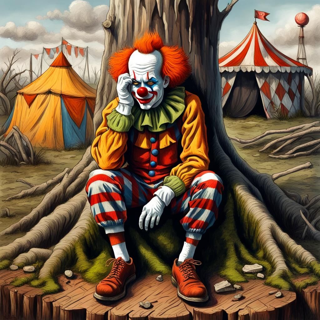 Depressed Clown in Detailed Pencil Drawing