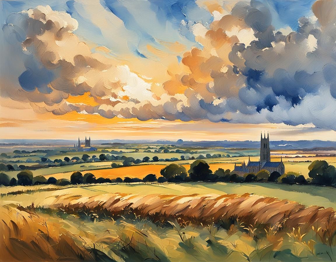 Lincolnshire Landscape in Impressionist Gouache Style