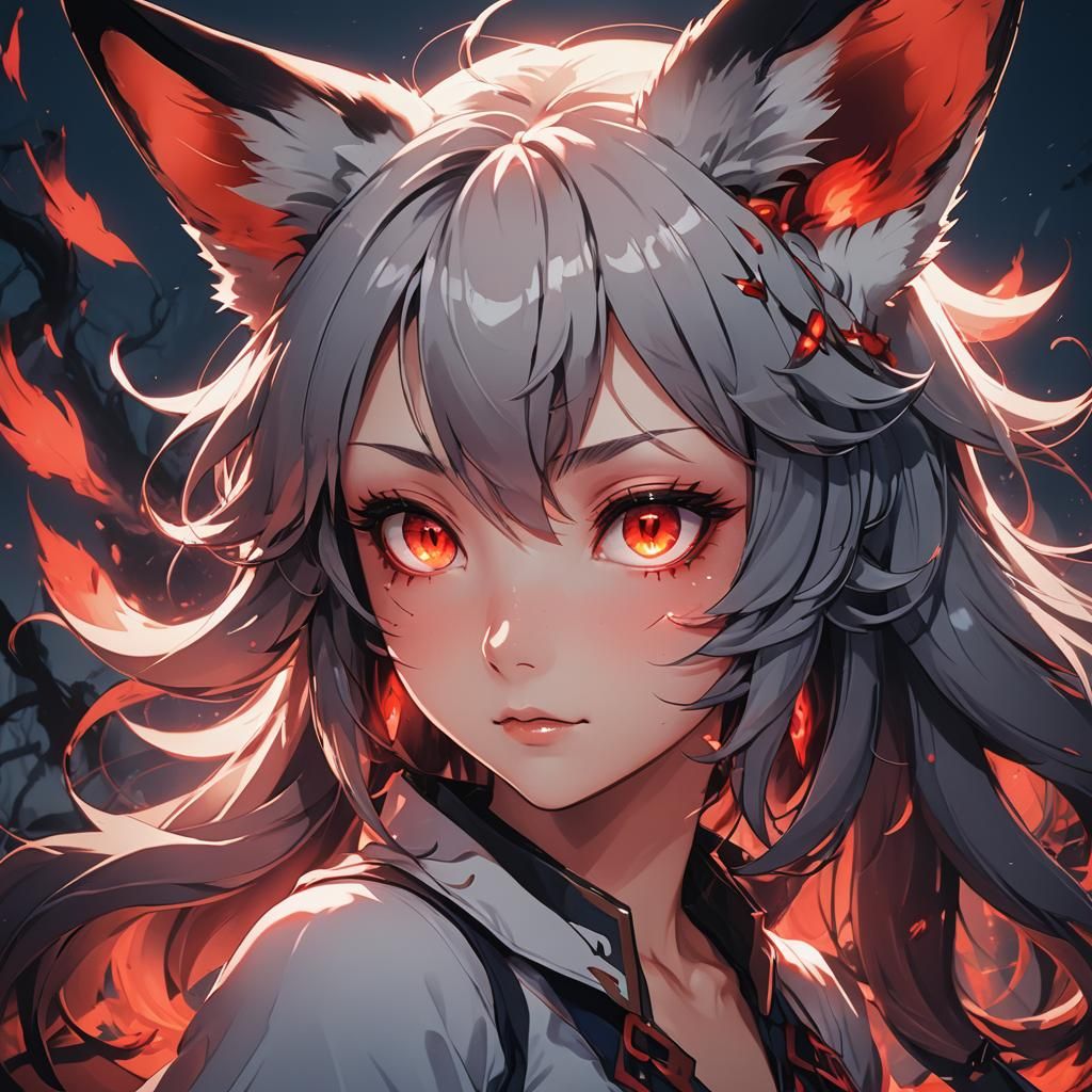 Anime Fox Girl with Glowing Eyes, Cel-Shaded Art