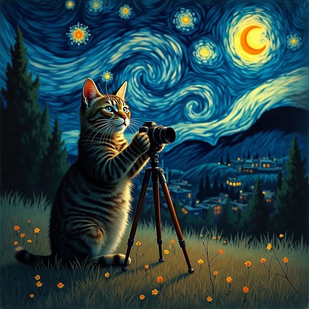 Anthropomorphic Cat Photographer in Van Gogh Style