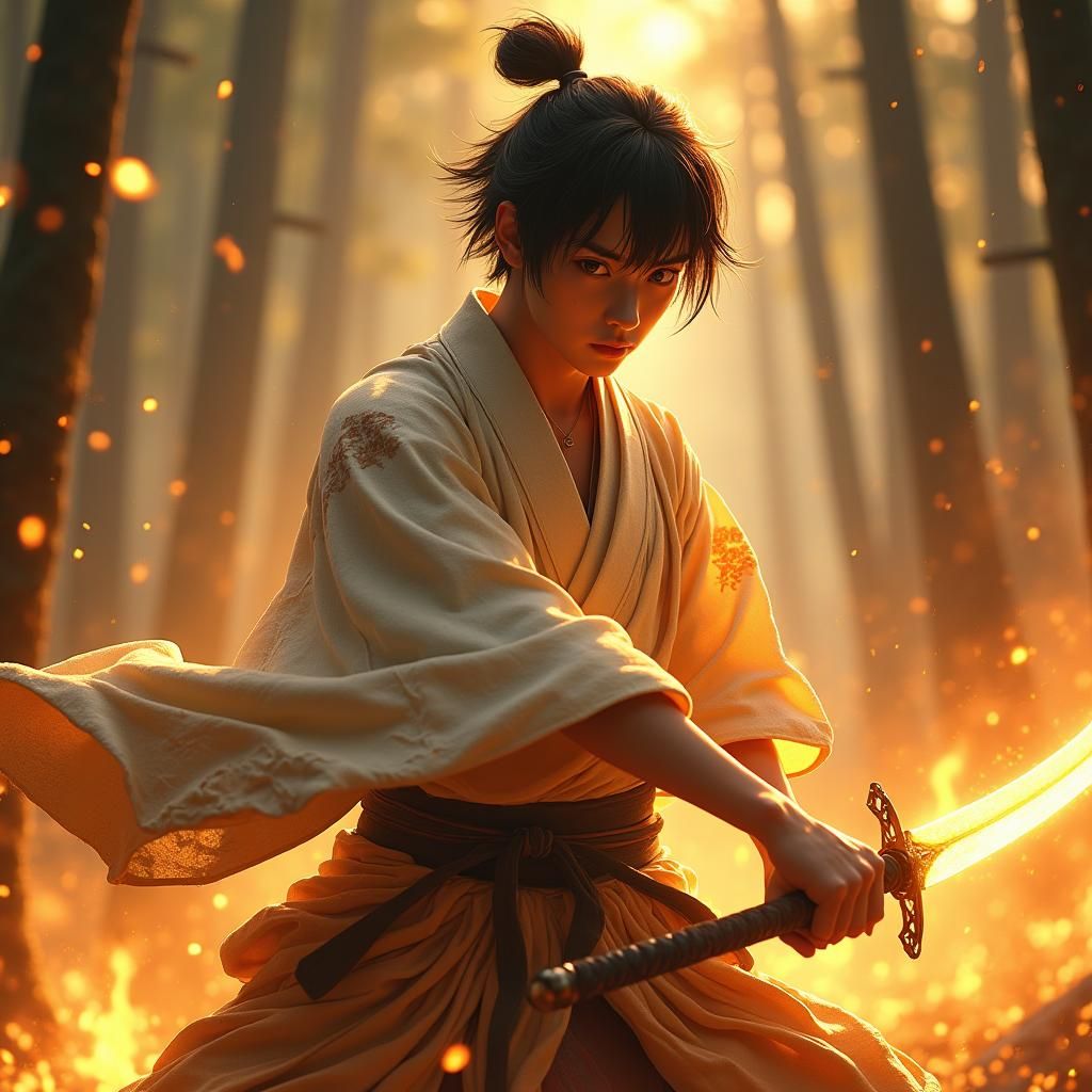 Samurai Warrior in Blazing Forest, Digital Painting