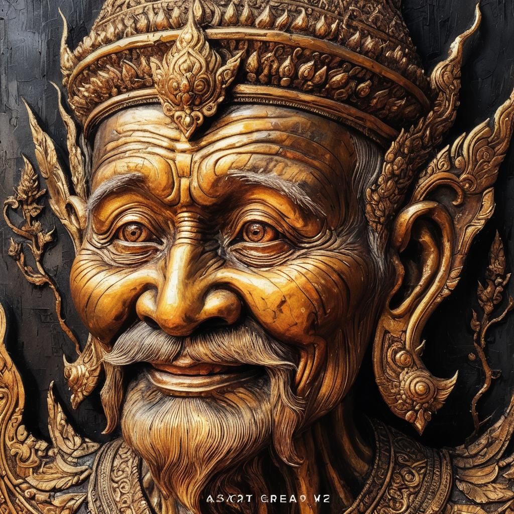 Rusted Steel Thai Man Head in Acrylic Painting