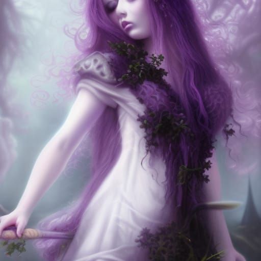 Dark fantasy ethereal Gothic witch with long purple hair with lavender highlights& purple eyes& purple eyeshadow& Black ...