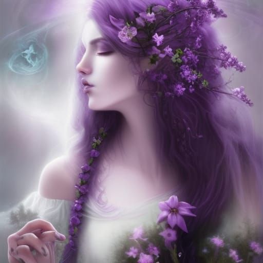 Dark fantasy ethereal Gothic witch with long purple hair with lavender highlights& purple eyes& purple eyeshadow& Black ...