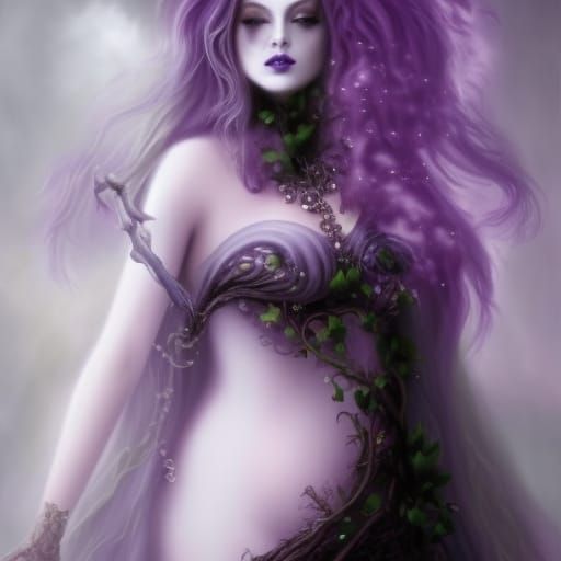 Dark fantasy ethereal Gothic witch with long purple hair with lavender highlights& purple eyes& purple eyeshadow& Black ...