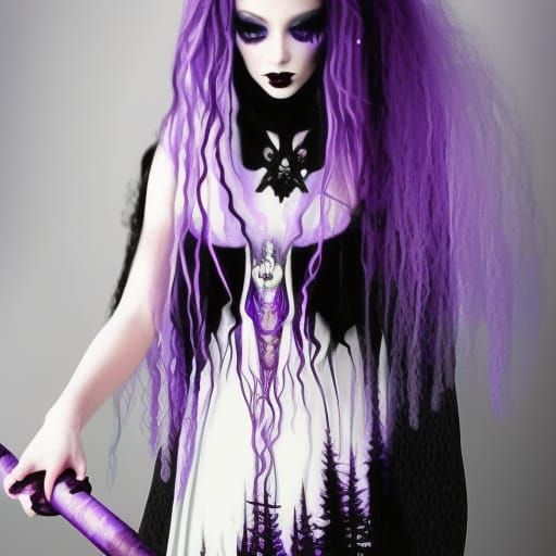 Dark fantasy ethereal Gothic witch with long purple hair with lavender highlights& purple eyes& purple eyeshadow& Black ...