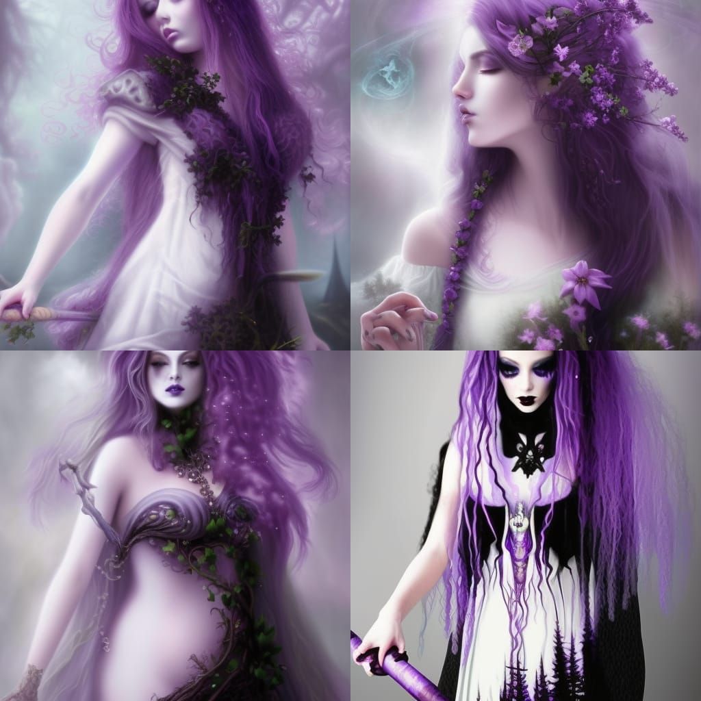 Dark fantasy ethereal Gothic witch with long purple hair with lavender highlights& purple eyes& purple eyeshadow& Black ...