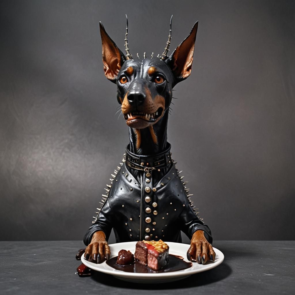 Doberman Pinhead at French Cafe, Dark Fantasy Art