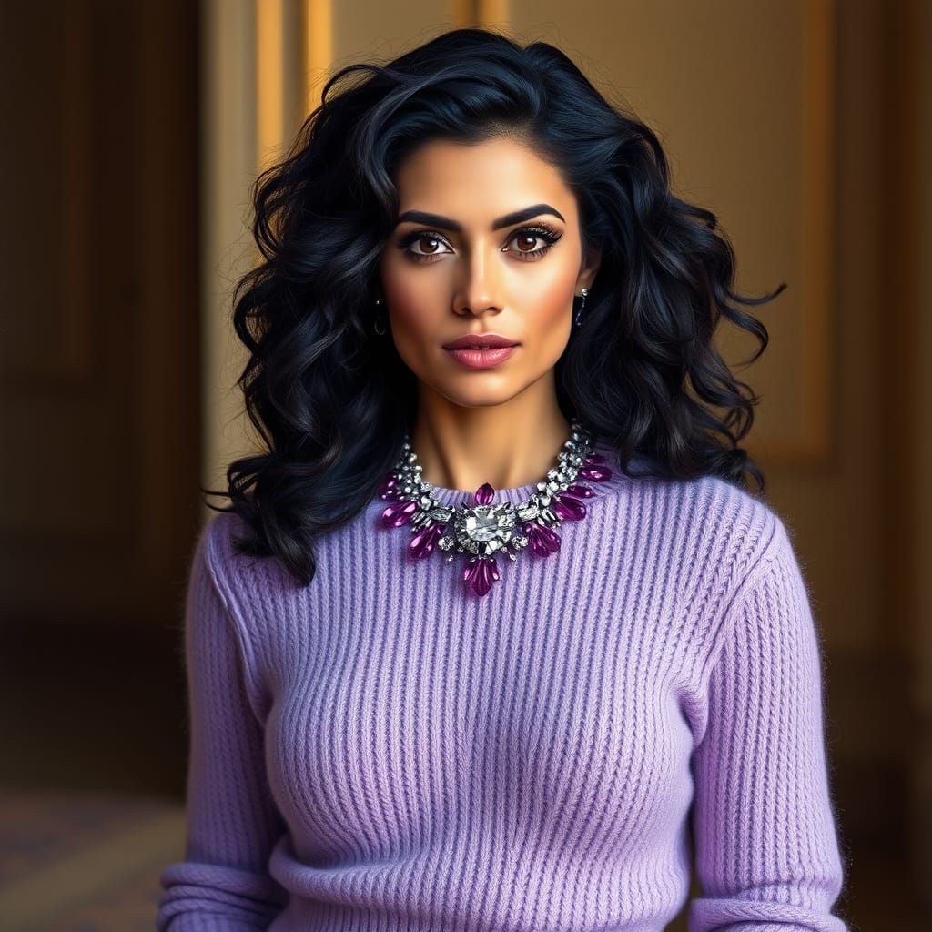 Elegant Dark-Haired Woman in Luxurious Purple Cashmere