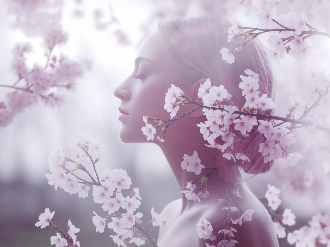 Woman's Profile in Serene Cherry Blossom Haze